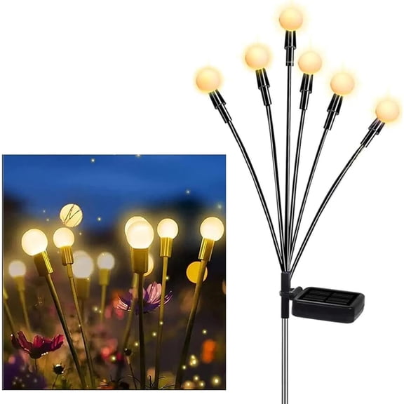 Solar Powered Firefly Pathway Lights for Outdoor Lawn Atmosphere Decoration, 6 LED Light, Garden Starburst Swaying Solar Waterproof Lights(Warm Light)，2Pack