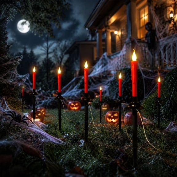 Solar Powered Flameless Candle Stake Lights, Halloween Pathway Marker String Lights with 6 Flicker Flame Candles Stakes Lights Plug in Walkway Light for Lawn Garden Sidewalk Driveway