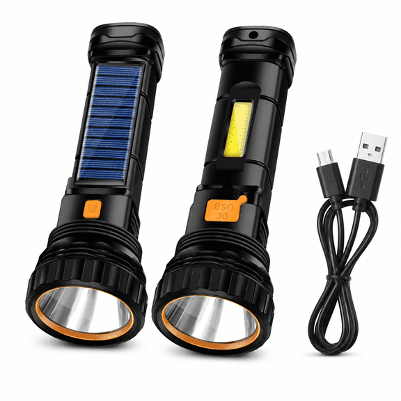 Solar Powered Flashlight, Rechargeable LED Handheld Torch Light USB Charging, Portable Emergency Camping Light for Outdoor Hiking Hurricane, 8.3 Inch