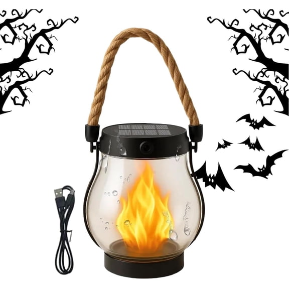 Solar Powered Flickering Flame Rope Light, Waterproof Outdoor Hanging Lantern, USB Rechargeable LED Decorative Lamp, Energy Saving Lighting Fixture for Garden Patio Balcony Yard Porch (k)