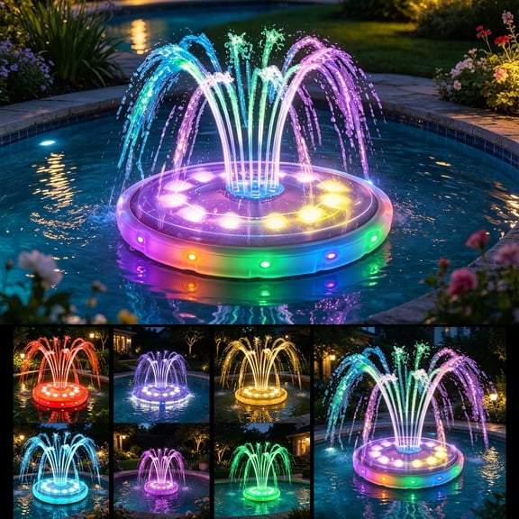 Solar Powered Floating Fountain Pump with Color LED Lights & Multi Nozzles, Solar Floating Water Sprinkler for Bathtub Kids Bath Garden Pond Pool Bird Bath Outdoor Landscape Decor