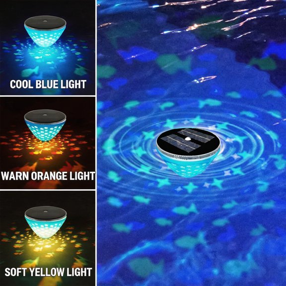 Solar Powered Floating Pool Light with Fish Projection, LED Glowing Magical Fish Pond Lamp, Waterproof Color Changing Rechargeable Submersible Light, Bathtub Decor for Garden Pool Fountain