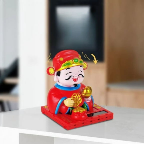 Solar Powered Fortune God Bobblehead Figurine Waving Car Dashboard Ornament Feng Shui Decor Gift for Men and Women