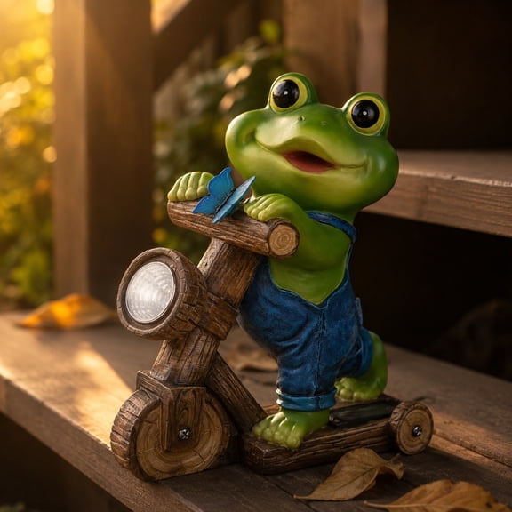 Solar Powered Frog Riding Bike Ornament, Creative Resin Craft Figurine, Weather Resistant Decorative Statue for Outdoor Garden, Balcony, Courtyard, Villa Yard Exterior Home Decoration