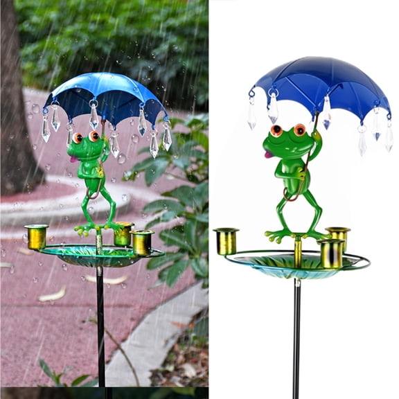 Solar Powered Frog Umbrella Bird Bath - Metal Outdoor Landscape Lamp with Feeder for Patio, Lawn & Garden Decor