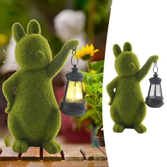 Solar-Powered Garden Bunny Decor - Mossy Velvet PVC Resin Statue for Halloween Christmas Home & Gift