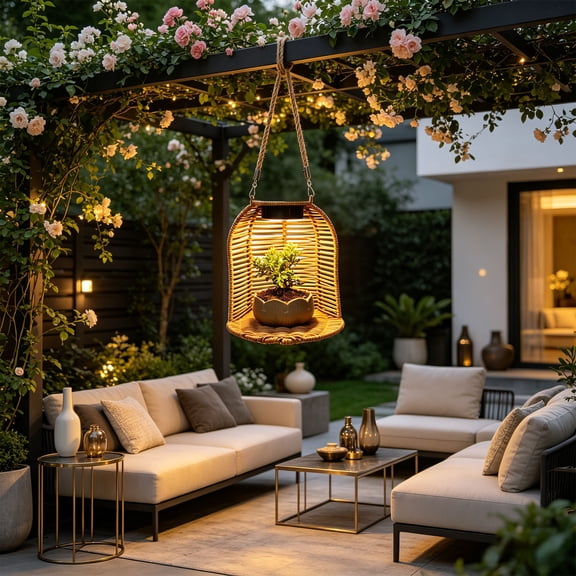 Solar-Powered Garden Light Outdoor Waterproof Lamp, Rattan Woven Potted Landscape Light Villa Homestay Decorative Hanging Light