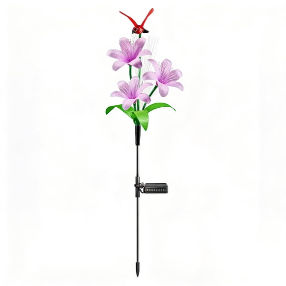 Solar Powered Garden Stake Light LED Fiber Optic Lily & Hummingbird Decorative Lamp Waterproof Outdoor Lighting for Lawn Patio Yard Pathway 32.48in (Pink)
