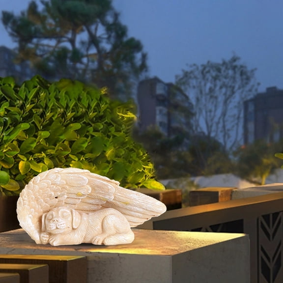 Solar Powered Garden Statue of Sleeping Dogs Outdoor Yard Art Lawn Decoration with Angel Wings Pet Memorial Sculpture