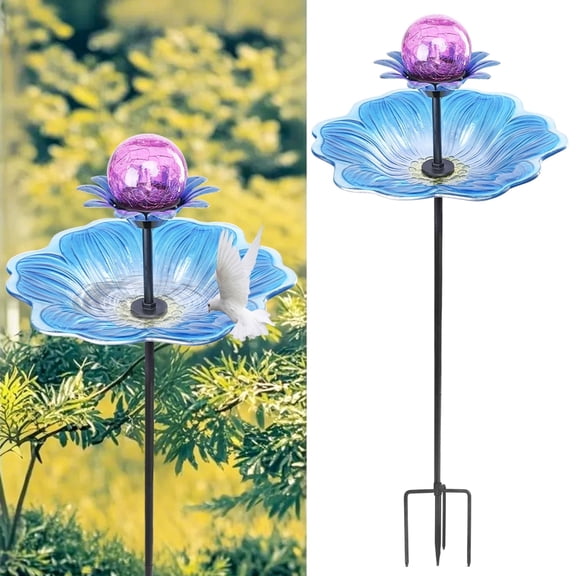 Outdoor Bird Baths, Flower Bird Baths with Solar Crackle Glass Globe Lights Decorations ,Metal Stake,for Outdoor Garden Yard Lawn Outside Decor,Blue
