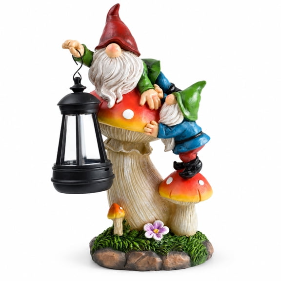 Solar Powered Gnome Statue with Mushrooms, Resin Dwarf Figurine LED Light for Garden, Patio, Yard Night Decoration