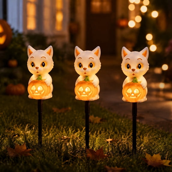 Solar Powered Halloween Cat Holding Pumpkin Garden Stake Light, LED Outdoor Cat Statue Lamp, Weather Resistant Decor for Yard, Pathway, Patio & Fall Halloween Display (White - 3 Pcs)