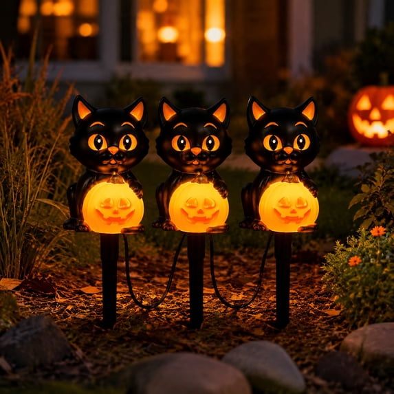 Solar Powered Halloween Cat Holding Pumpkin Garden Stake Light, LED Outdoor Cat Statue Lamp, Weather Resistant Decor for Yard, Pathway, Patio & Fall Halloween Display (Black - 3 Pcs)
