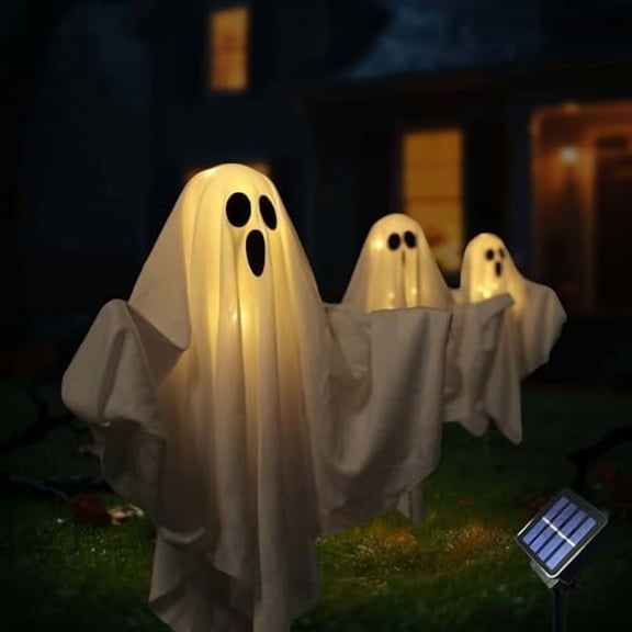 Solar Powered Halloween Decorations, 3 Pack Light Up Ghost Outdoor Path Pathway Kit Walkway Driveway Warm White Led Lights Solar Power Scary Yard Stakes Garden Lawn Decor$$Garden & Patio