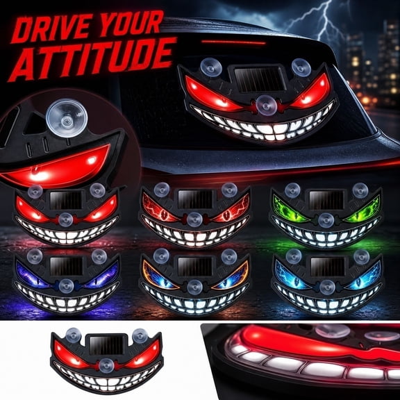 Solar Powered Halloween Decorations with Car Eyes Animated Led, Devil Eyes Light for Windshield for Spooky Driving, Halloween Window Decorations for Car Rear Window, 1 Pack