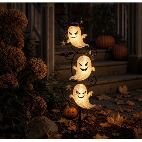 Solar Powered Halloween Ghost Garden Stake Lights, 3 Glowing Ghosts Metal Yard Decor with Pumpkin Bat, IP65 Waterproof Outdoor Pathway Light for Lawn Porch Holiday Decoration