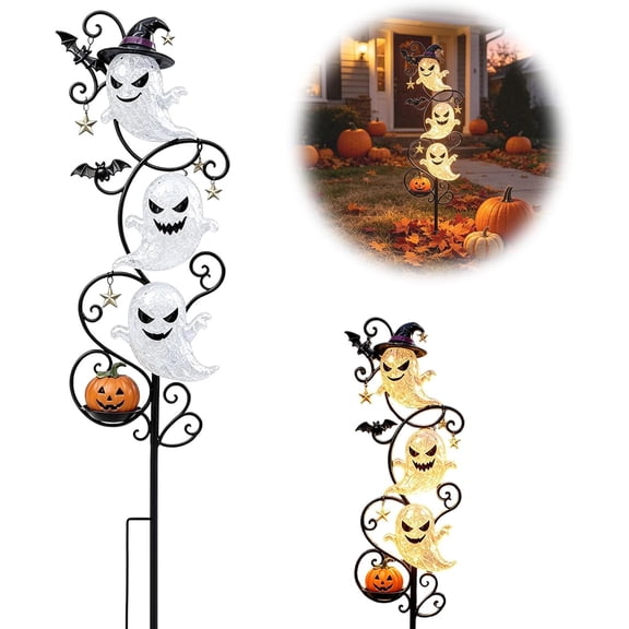 Solar Powered Halloween Ghost Garden Stake Lights, 3 Glowing Metal Ghost Ornaments, Waterproof LED Yard Decor for Lawn Pathway Patio Front Entry Porch