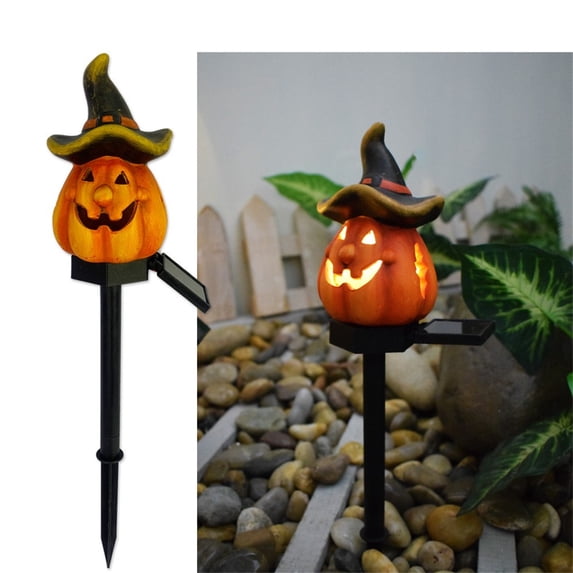 Solar Powered Halloween Pumpkin Pathway Lights with Hat 3D Resin Waterproof Outdoor Stake Lights for Creative Garden Scenery Courtyard Lawn Landscape Decor, 17x3 Inch