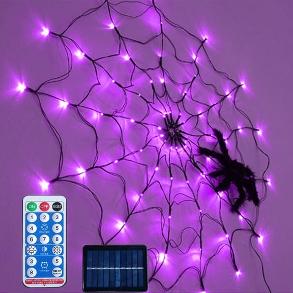 Solar Powered Halloween Spider Web String Light, 39.37inch 60 LED Purple Net Light with Black Spider & Remote Control, Waterproof Outdoor Decor for House Garden Yard Halloween Party