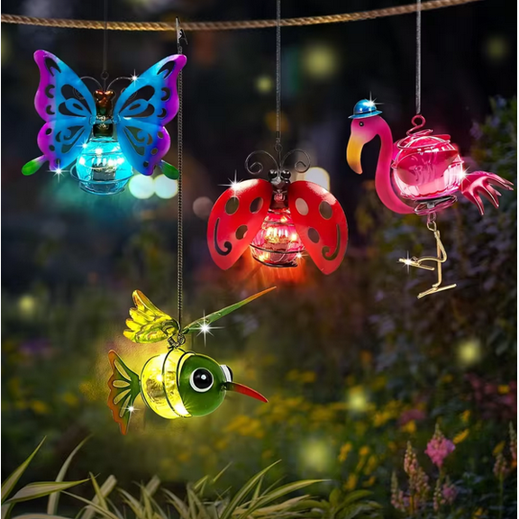 Solar-Powered Hanging Animal Lights - Colorful LED Outdoor Garden Decor with Butterfly, Bird, and Flamingo Designs, Solar-Power