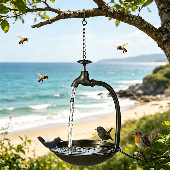 Solar Powered Hanging Bird Bath with Flowing Water Faucet, Rustic Metal Cascading Water Fountain Tray for Yard Patio Garden Wild Bird Drinking Bath Decor