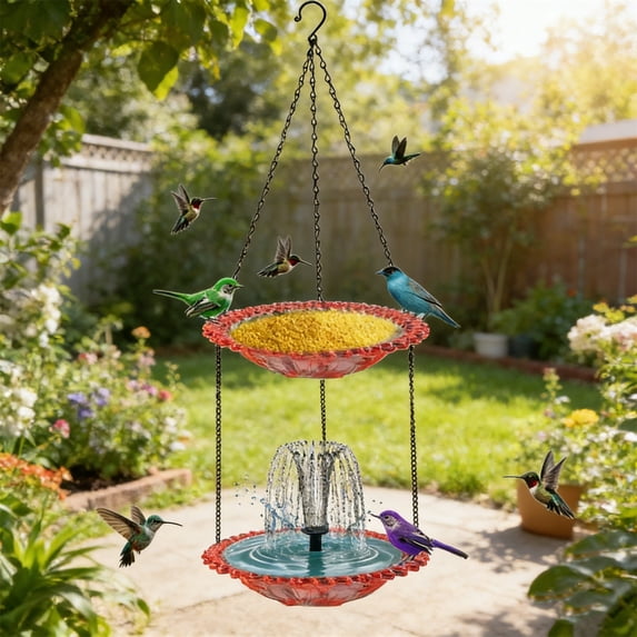 Solar Powered Hanging Bird Bath and Feeder, Outdoor Garden Fountain with Automatic Water Circulation for Patio Decoration
