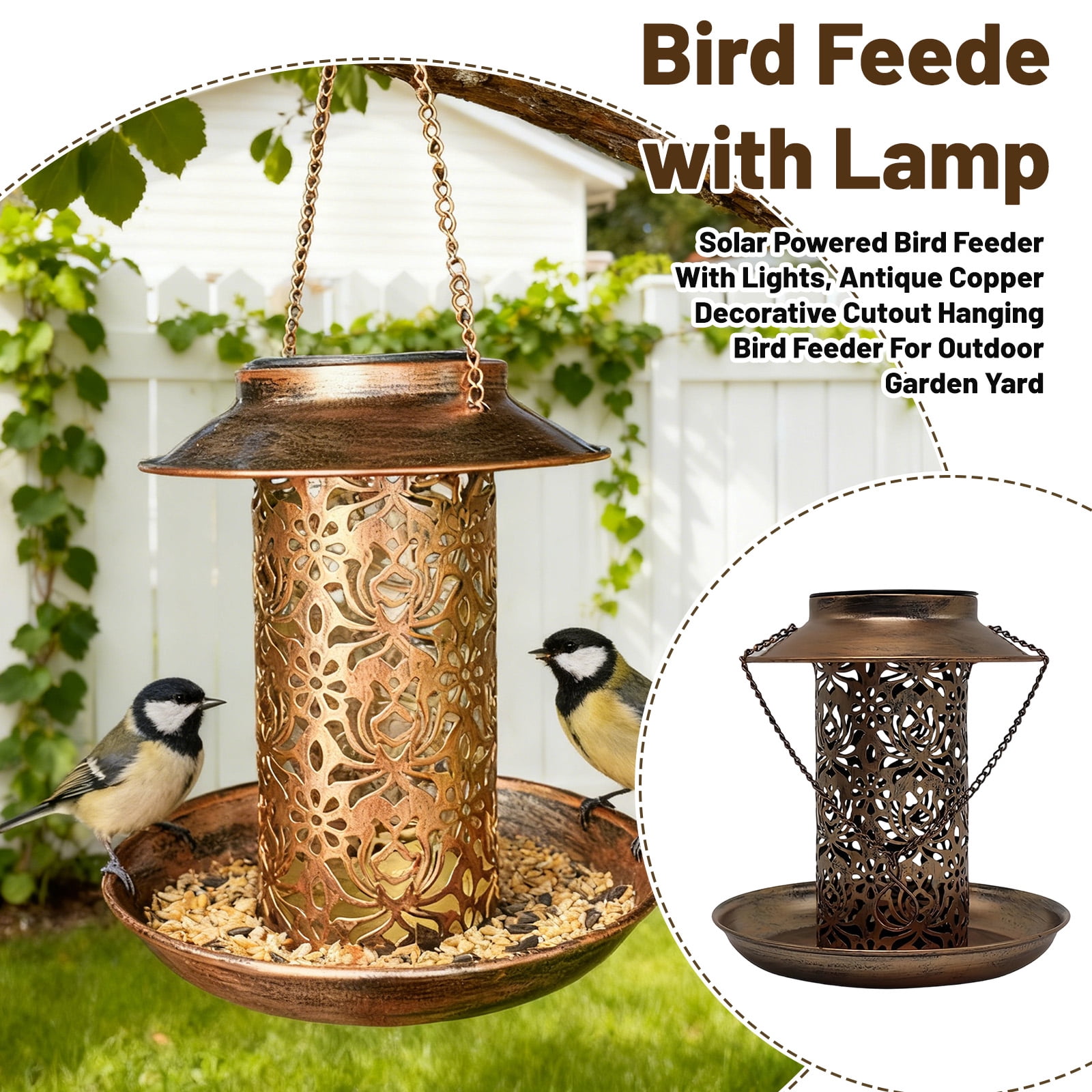 Solar Powered Hanging Bird Feeder With Light, Copper Hollow Decoration Outdoor Garden Yard Bird Feeding Station For Wild Birds Attracting