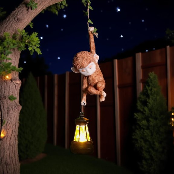 Solar Powered Hanging Monkey Figurine with LED Lantern Resin Climbing Statue for Garden Yard Wall Decor