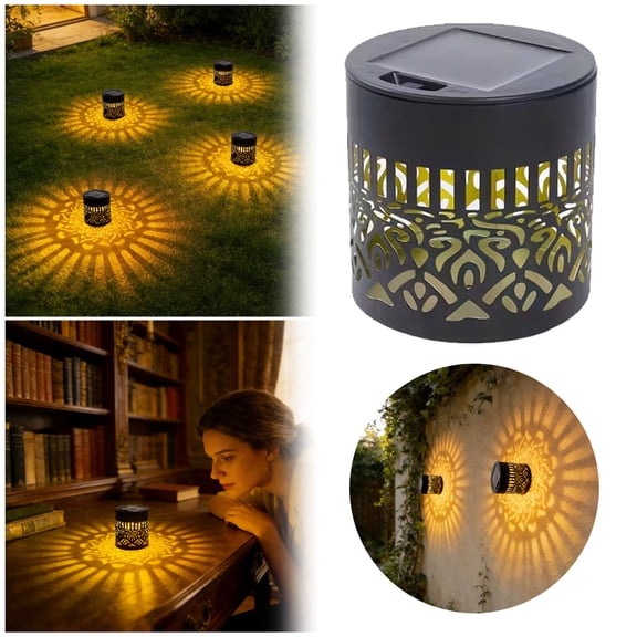 Solar Powered Hollow Cutout Projection Garden Lantern Waterproof Outdoor Decorative LED Shadow Light for Lawn Pathway Patio Yard Walkway Backyard Landscape Holiday Home Ornament Accessory