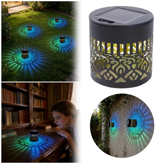 Solar Powered Hollow Cutout Projection Garden Lantern Waterproof Outdoor Decorative LED Shadow Light for Lawn Pathway Patio Yard Walkway Backyard Landscape Holiday Home Ornament Accessory
