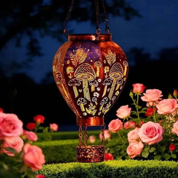 Solar Powered Hot Air Balloon Lantern, Vintage Metal Lantern Projector Light with Flickering Flame, Waterproof Outdoor Solar Hanging Lights for Yard Farmhouse Patio Decor - Copper, Mushroom