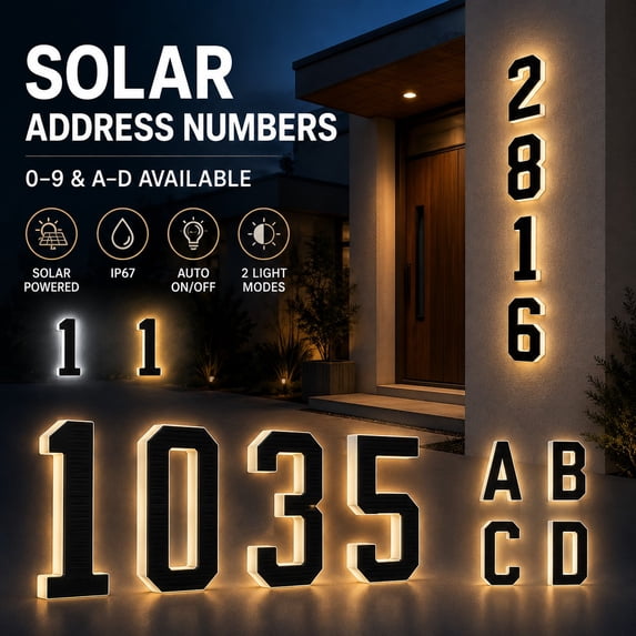 Solar House Number Light for Outside, 7.8-Inch LED Lighted Address Number Sign, 2000mAh Battery, IP67 Waterproof, Warm & Cool White, Auto Dusk-to-Dawn