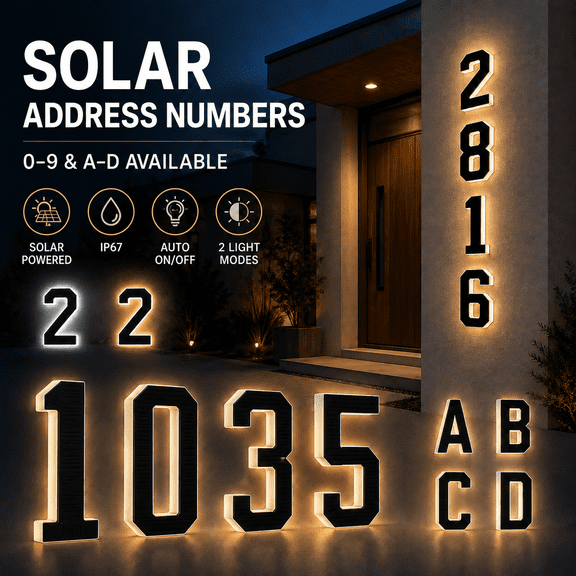Solar House Number Light for Outside, 7.8-Inch LED Lighted Address Number Sign, 2000mAh Battery, IP67 Waterproof, Warm & Cool White, Auto Dusk-to-Dawn