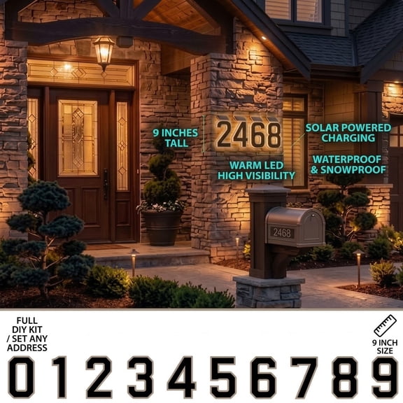 Solar Powered House Numbers for Outside Light Up, CARPESUN Waterproof Modern LED Backlit Address Signs, 300LM Large Exterior Illuminated Number Plate for Door, Home, Apartment (1-Black)