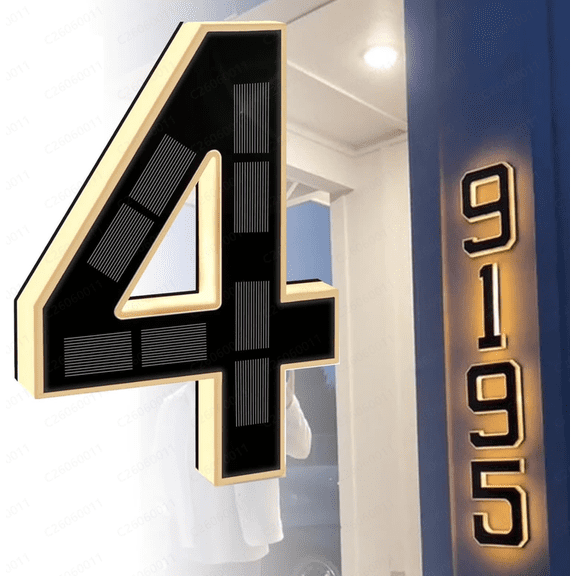 Solar Powered House Numbers for Outside, Waterproof LED Backlit Address Sign, Modern Outdoor Doorplate, Wall & Ground Mount Lighted Number