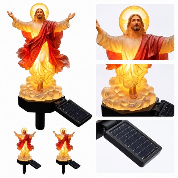 Solar-Powered Illuminated Jesus Garden Statue, Waterproof LED Lighted Outdoor Christian Decor, Resin Memorial Yard Art with Stakes for Lawn