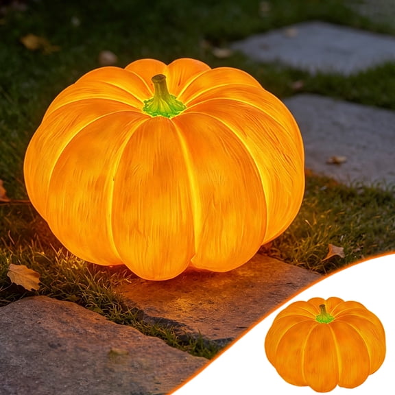 Solar Powered Jack O Lantern Pumpkin, Halloween Pumpkin LED Light Realistic Ribbed Figurine for Lawn Walkway Patio Outdoor Fall Yard Thanksgiving Home Decor