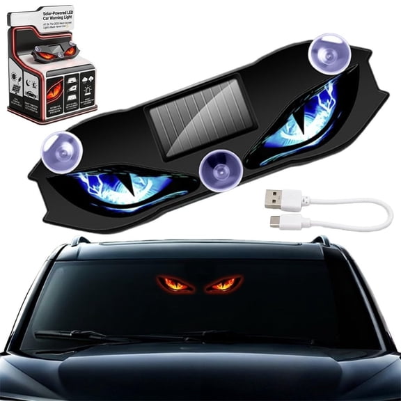 Solar-Powered LED Car Warning Light Animated Devil Eyes for Car Windshield | Weatherproof Wireless No Drill Automatic Activation at Dark Car Window Lights for Suv Truck Van Rv