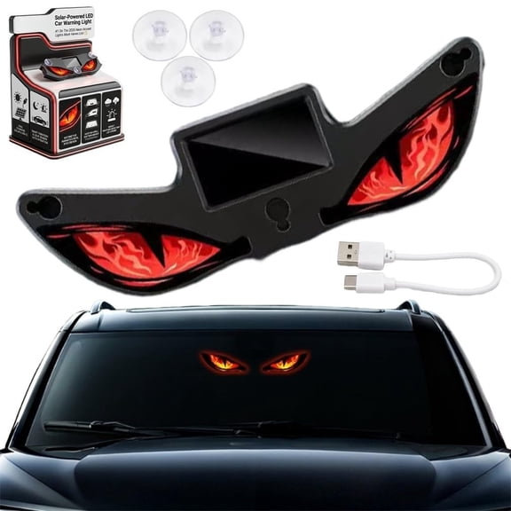 Solar-Powered LED Car Warning Light Animated Devil Eyes for Car Windshield | Weatherproof Wireless No Drill Automatic Activation at Dark Car Window Lights for Suv Truck Van Rv