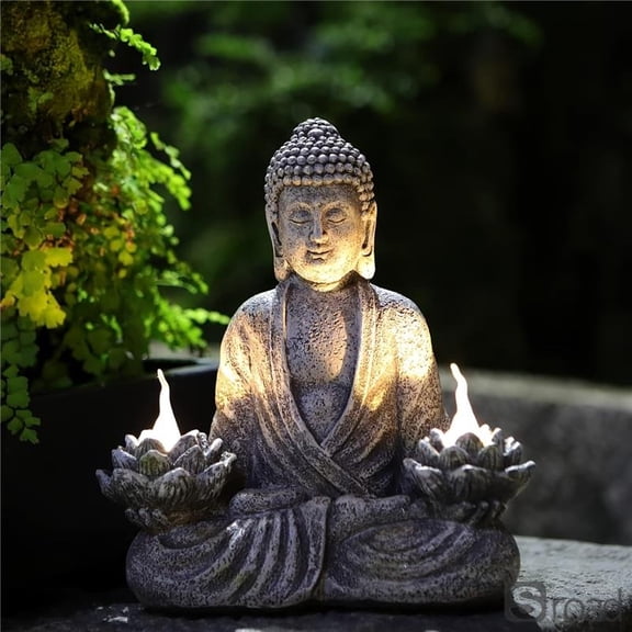 Solar Powered LED Garden Statue Light, Outdoor Meditation Figure With Lotus Decor, Waterproof Automatic Landscape Lighting For Yard, Patio, Pathway (Resin, White Glow)