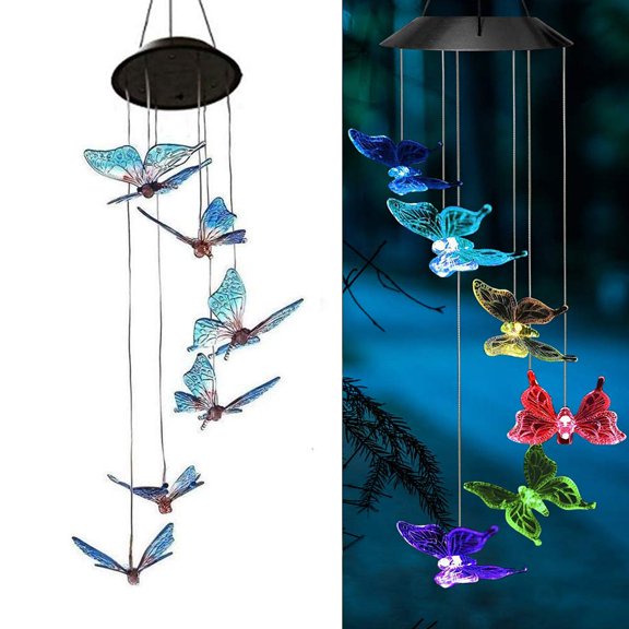 Solar Powered LED Wind Chimes for Outdoors, Color-Changing Mobile Waterproof Hanging Lamp for Garden and Festival Decoration(Butterfly)