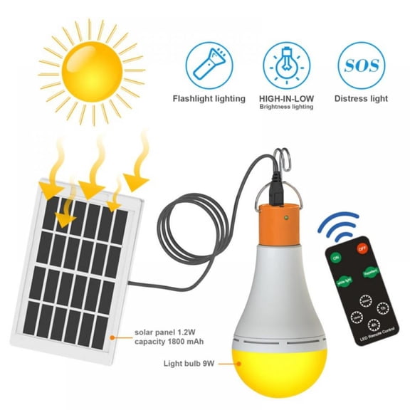 Solar Powered Lamp Portable LED Bulb Lights, for Camp Tent Night Fishing Emergency Lights Flash (Control Manual Switch + Remote Control + Intelligent Automatic Switch)