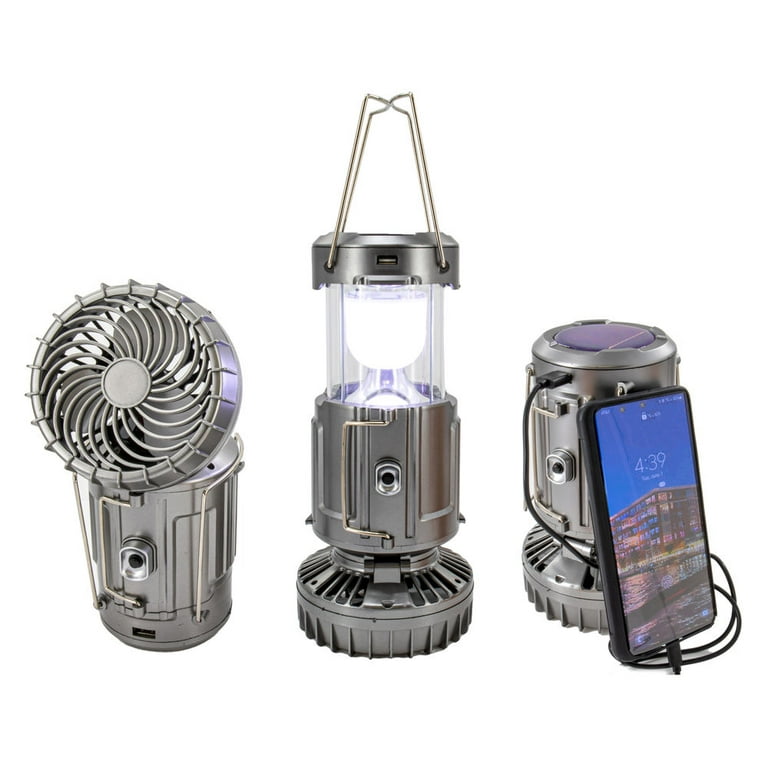 Solar Powered Lantern w/ Fan - Rechargeable Camping Flashlight Lamp w/ Battery Backup - Portable, Adjustable, Collapsible, Solar Charging Station 