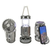 Solar Powered Lantern w/ Fan - Rechargeable Camping Flashlight Lamp w/ Battery Backup - Portable, Adjustable, Collapsible, Solar Charging Station - Rechargeable Fan With Light - Gray Regular
