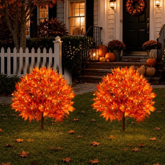 Solar Powered Light Up Autumn Maple Tree, Realistic Orange Leaf LED Warm Stake Light, Seasonal Yard Decor for Garden Patio Pathway Porch(RL)