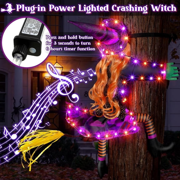 Solar Powered Lighted Flying Witch Tree Decoration with 8 Lighting Modes and 1200mA Battery, Outdoor Yard Ornament for Garden, Porch, and Halloween Scene.