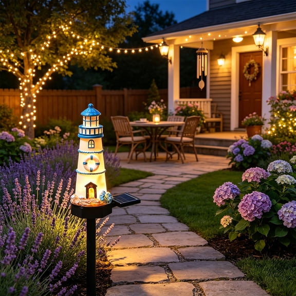 Solar Powered Lighthouse Garden Stake Lights, Resin Lighthouse Solar Lights Outdoor, IP65 Waterproof Solar Pathway Lights, Decorative Landscape Lamp for Outside Lawn Walkway Patio Yard, Blue