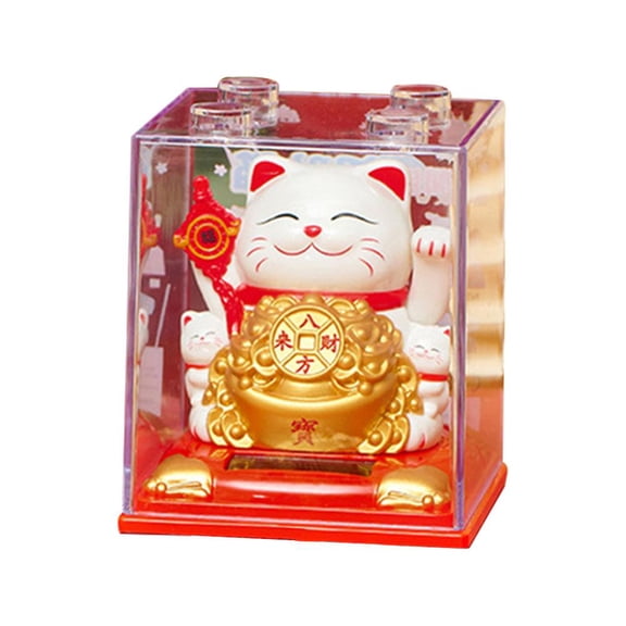 Solar Powered Lucky Cat Ornament, 3.2x3.2x3.9 in, Automatically Waving Arms for Good Luck, Desk or Shelf Decoration for Home or Office
