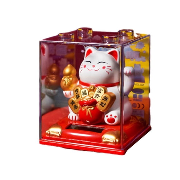 Solar Powered Lucky Cat Ornament, 3.2x3.2x3.9 in, Automatically Waving Arms for Good Luck, Desk or Shelf Decoration for Home or Office