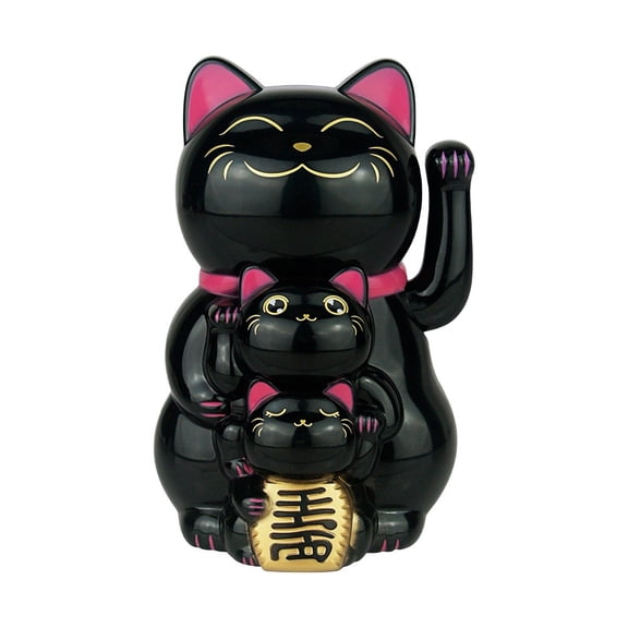 Solar Powered Lucky Cat Ornament, Automatic Waving Maneki Neko For Home Shop Office Decor, Battery -Free Fortune Figurine With Red Base(Black)